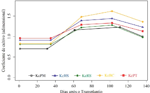 Figura 5. Coeficiente de cultivo para cultura da pimenta pelos métodos de estimativa da ETo de Penman-Monteith  (KcPM), de Hargreaves-Samani (KcHS), da Radiação-Solar (KcRS), de Blaney-Criddle (KcBC) e de  Priestley-Taylor (KcPT) 