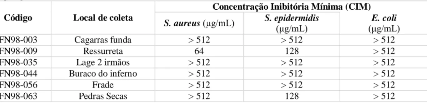 Tabela  2:  Atividade  antimicrobiana  de  extratos  brutos  de  Ectyoplasia  ferox  coletadas  em  diferentes  locais  do  arquipélago de Fernando de Noronha