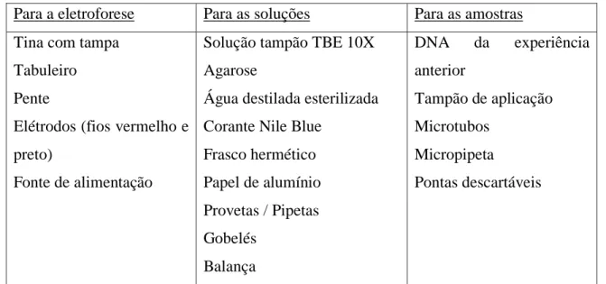 Tabela 1 Material necessário para eletroforese em gel de agarose. 