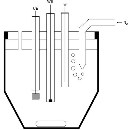 Figura 8. Diagrama esquemático de uma célula voltamétrica. WE – Elétrodo de  trabalho; RE – Elétrodo de referência; CE – Elétrodo auxiliar