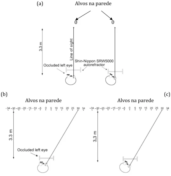 Figura  1-4  Montagem  experimental  usada  por Mathur  et  al.  (57)  para  determinação  do  erro refrativo axial com a influência da rotação do olho (a) e do  erro refrativo periférico  através de rotação do olho (b) ou por rotação da cabeça (c)