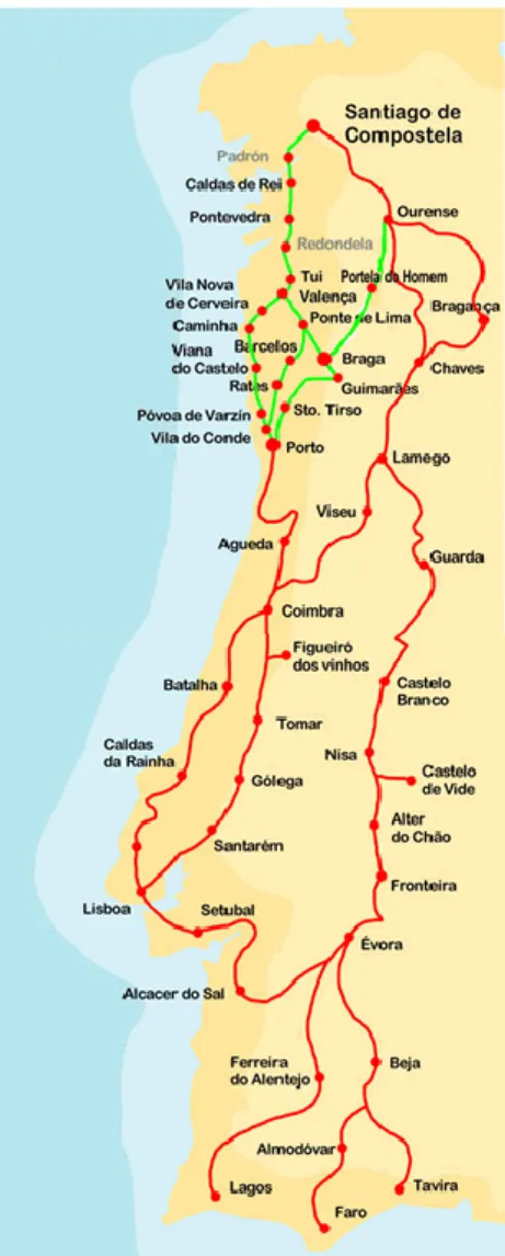 Fig. 2 Rede de caminhos medievais utilizados pelos peregrinos  portugueses a Santiago