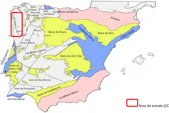 Fig. 5 Localização da região do Minho e Galiza ocidental na divisão morfoestrutural da Península Ibérica (Julivert et al., 1974; 