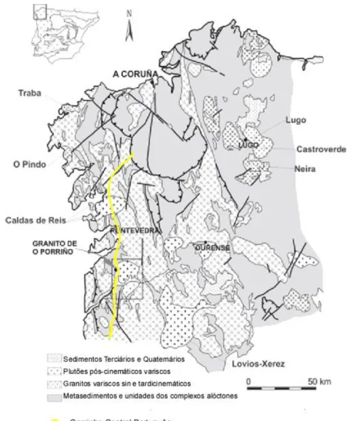 Fig. 16 Localização dos maciços graníticos da Galiza, enquadradas nas principais unidades geológicas do NW do Maciço Ibérico
