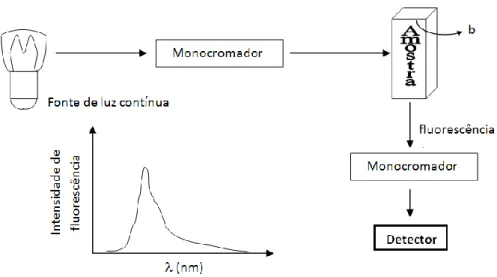 Figura  2.11  -  Representação  esquemática  de  um  espetrofluorímetro  com  exemplo  de  espetro  de  fluorescência inserido