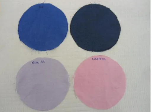 Figura 36: Tecidos utilizados de cor azul claro, azul escuro, rosa e lilás. Fonte: Juliana Pessoa 