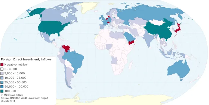 Figure 1.  World map representing global FDI inflow data by country 