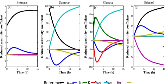 Figure 1 – Reduced sensitivity coefficient: Biomass (a); Sucrose (b); Glucose (c); ethanol (d) 