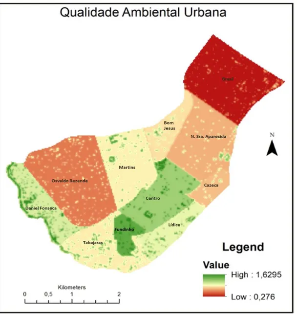 FIGURA 2 - Mapa do Índice de Qualidade Ambiental Urbana (IQAU) calculado para o Setor Central de Uberlândia