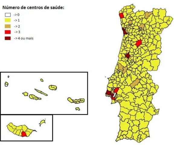 Figura 4 - Distribuição geográfica do número de centros de saúde por concelho. 