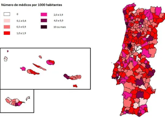 Figura 6 - Distribuição geográfica de médicos por cada mil habitantes. 
