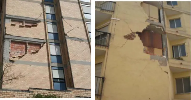 Figure 11. Out of plane damage in several  degrees: from diagonal-central cracking to  complete overturning and expulsion of infills [28] 