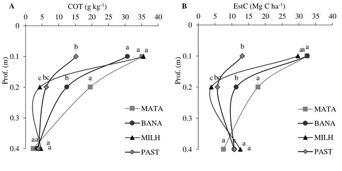 Figura 3. Carbono orgânico total (COT) (A), estoque de COT (EstC) em Latossolo Vermelho Amarelo, em áreas sob  diferentes sistemas de manejo no Cerrado Maranhense