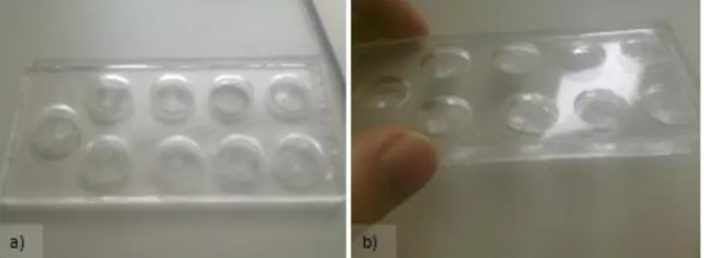 Figure 2.2 - a), b) - Silicon mold with the negative of the fish scales pattern in the bottom of each well 