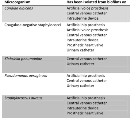 Table 1. Microorganisms frequently associated with biofilms on medical devices (adapted from (37)) 