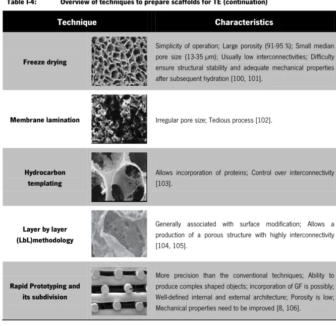 Table I-4:  Overview of techniques to prepare scaffolds for TE (continuation) 