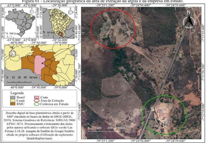 Figura 01 - Localização geográfica da área de extração da argila e da empresa em estudo