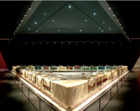 Figura 2.1 Obra de Judy Chicago, Designação: The Dinner Party, Ano: 1974-79; Materiais: Cerâmica,  porcelana, têxteis; Dimensões: 1463x1463cm