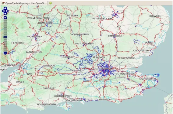 Figura 3.9: Mapa que apresenta a rede de bicicletas para o sul de Inglaterra, através de OpenCycleMap (52)