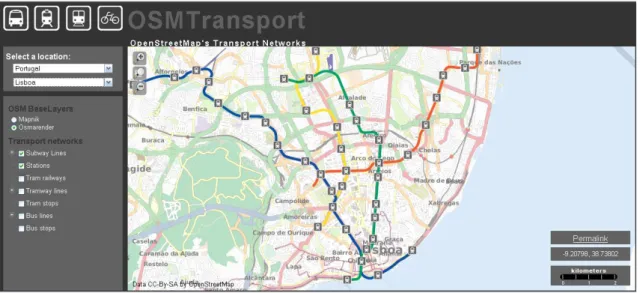 Figura 3.10: Mapa que apresenta linhas e estações de metro em Lisboa, através de OSMTransport (53)