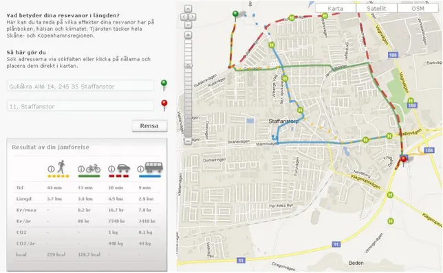 Figura 3.14: Mapa do planeador de viagens multimodal que demonstra os percursos pedestres, de bicicleta,  automóvel e transporte público (57)