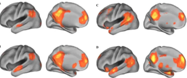 Figura 2.10. Ativações da DMN em diferentes tipos de tarefas: memória autobiográfica (A),  planeamento futuro (B), perspectivação do ponto de vista de terceiros (C) e tomada de 