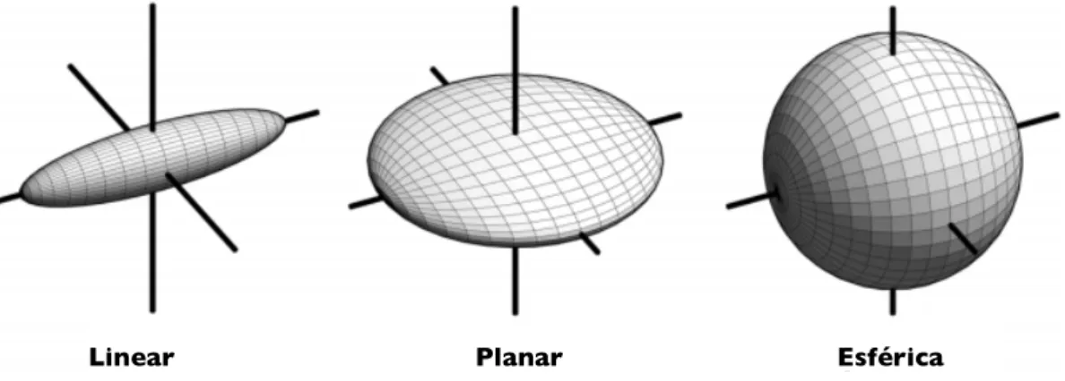 Figura 3.3. Diferentes relações entre a magnitude de difusividade ao longo dos 3 eixos de  referência resultam em elipsóides de aspecto diferente