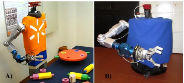 Figure 1.1: Anthropomorphic robotic systems, developed at the Anthropomorphic and Mobile Robotics Laboratory of the University of Minho: ARoS (A) and Dumbo (B)