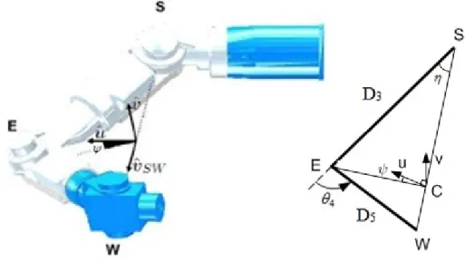 Figure 3.4: Introducing the Arm plane angle ψ for redundancy resolution in inverse geo- geo-metric kinematics