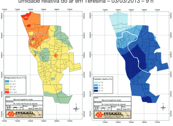 Figura 4 – Mapa da distribuição espacial da temperatura do ar e  umidade relativa do ar em Teresina – 03/03/2013 – 9 h