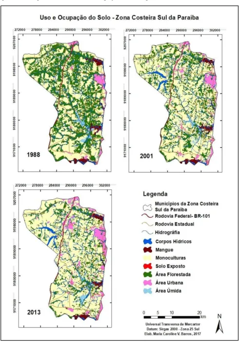 Figura 2 – Mapeamento do uso e ocupação do solo para os anos de 1988,2001 e 2013 