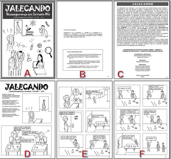 Figura 1. (A) Capa; (B) Contracapa; (C) Folha de apresentação da HQ; (D-F) Páginas 4 a 6 da HQ