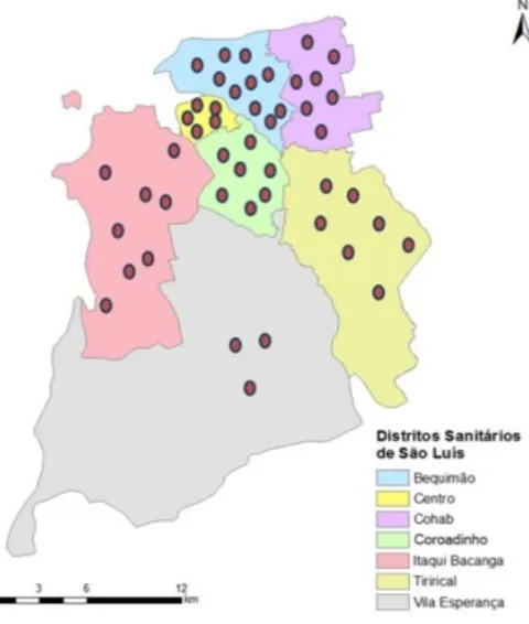 Figura 1 – Distribuição das instituições por distrito sanitário de São Luís - MA, 2017: 