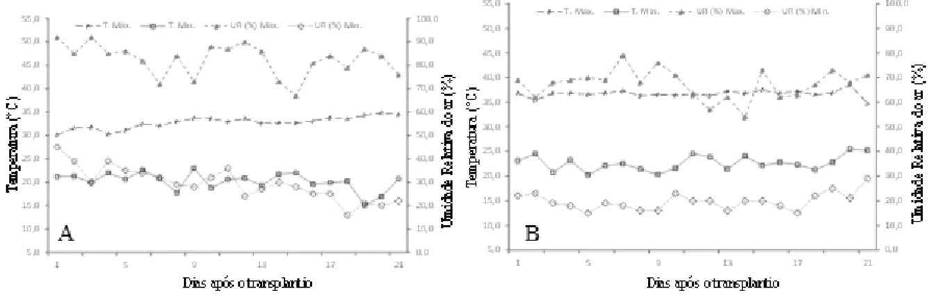 Figura 1. Temperatura e umidade na área experimental registradas diariamente por um período de 21 dias de cultivo de  alface, cv