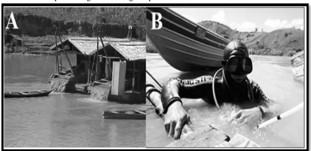 Figura 2: (A) balsa garimpeira em operação na frente de garimpagem do rio Madeira – RO, (B)  Garimpeiro mergulhador do garimpo de Morrinhos - rio do Madeira - RO 