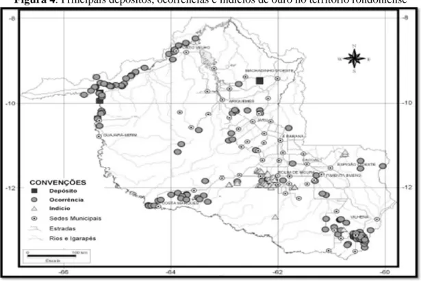 Figura 4: Principais depósitos, ocorrências e indícios de ouro no território rondoniense 