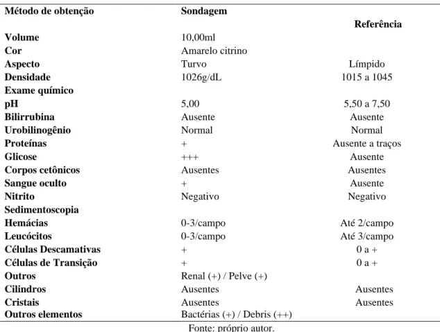 Tabela  3.  Valores  encontrados  na  urinálise  de  um  cão  sem  raça  definida  de  9  anos,  atendido  no  Hospital  Veterinário na cidade de São Paulo no dia 28 de maio de 2018