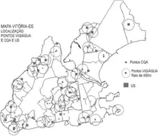 Figura  1  –  Localização  espacial  dos  pontos  dos  Pro- Pro-gramas CQA, VIGIÁGUA e das Unidades de Saúde no  Município  de  Vitória-ES,  ano  de  2004,  lançados  no  GEOSAÚDE