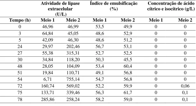 Tabela 1 – Atividade enzimática, índice de emulsificação e concentração de ácido cítrico-isocítrico produzidos por  Yarrowia lipolytica nos Meios 1 e 2 