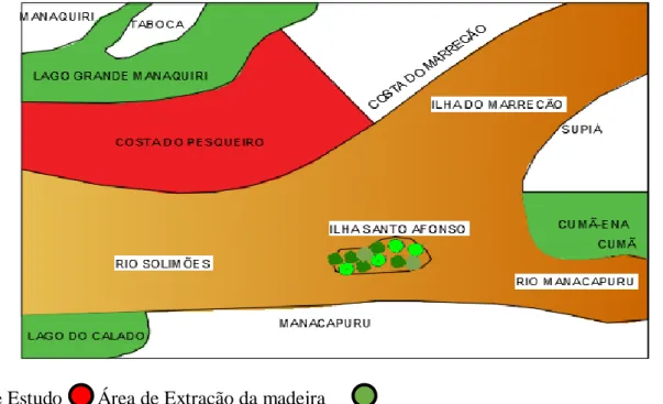 Figura 5: Representação gráfica da área de estudo e dos locais de extração de madeira