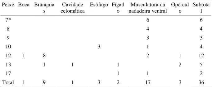 Tabela  1.  Ocorrência  e  distribuição  por  sítio  anatômico  de  Ithyoclinostomum sp