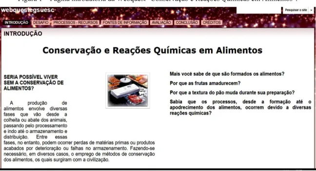 Figura 1 – Página introdutória da Webquest “Conservação e Reações Químicas em Alimentos”