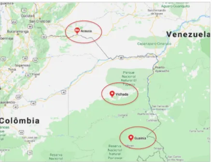 Figura 1 - Mapa de los departamentos de Arauca, Vichada y Guainía.      