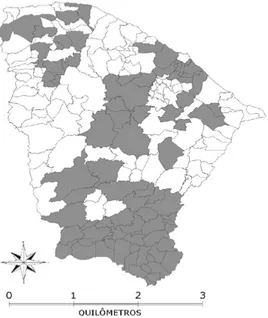 Figura 1. Mapa do estado do Ceará evidenciando os municípios investigados, Ceará, Brasil, 2015