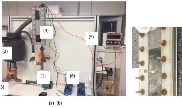 Figura 1 – (a) Sistema experimental, com (b) detalhe do reator eletroquímico. 