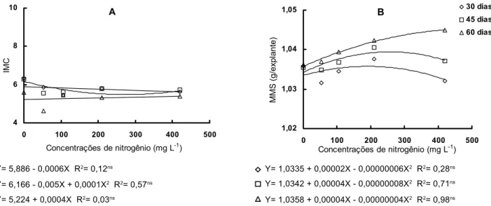 Figura 3  - Efeito dos tratamentos com nitrogênio na calogênese em A) índice de multiplicação celular (IMC) da massa de matéria fresca e B) massa de matéria seca (MMS) de calos (g/explante) em explante nó de matrizes de Dianthus caryophyllus L., avaliado e