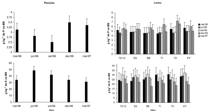 Figura 3 - Teores médios de P e K na matéria seca do pecíolo e limbo da folha recém-madura, das variedades de mamoeiros, em cinco épocas de amostragem