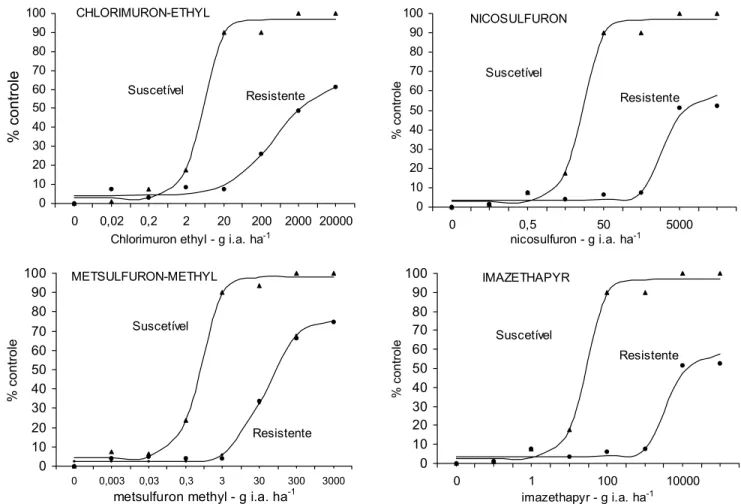 Figura 1 - Curva de dose-resposta da porcentagem de fitotoxicidade dos biótipos resistente (R) e suscetível (S) de B
