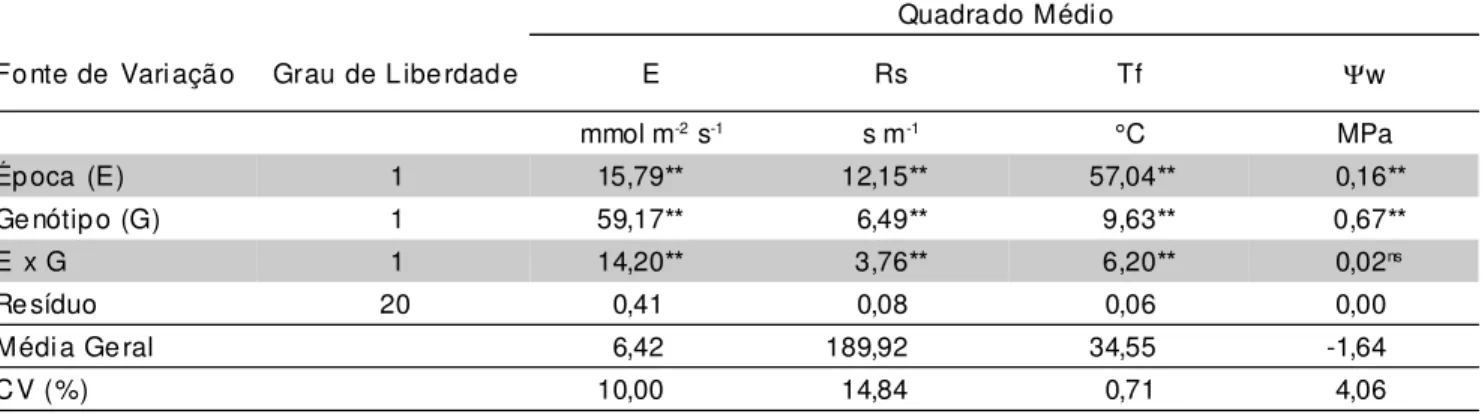 TABELA 1 - Síntese da análise de variância para as variáveis fisiológicas estudadas referentes a dois genótipos de gravioleira, cultivados em condições de campo