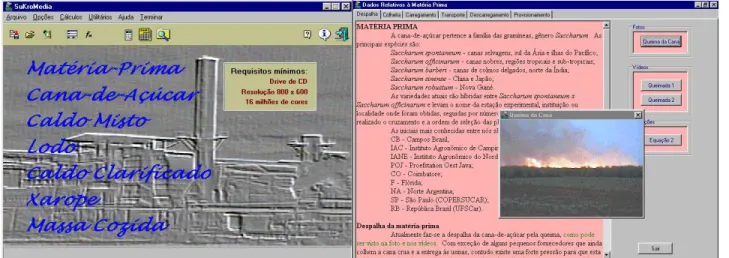 Figura 1 - Janela principal do programa SukroMedia e janela secundária do programa SukroMedia, mostrando texto e foto de canavial em queima.